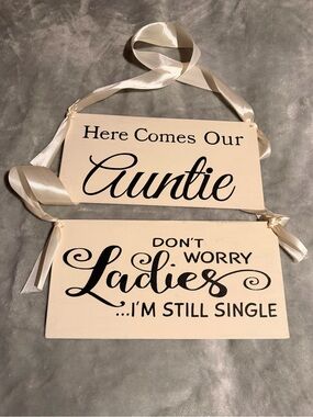 Hand Painted Wood Wedding Ring Bearer Sign Set - 2pc Ivory White